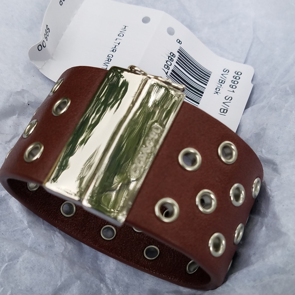 Coach Wide Brick Color Genuine Leather Hinged Grommet Cuff Bangle Bracelet NWT